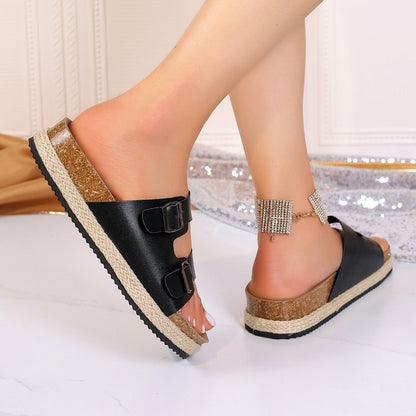 Summer New Thick Bottom Solid Color Round Toe Belt Buckle Women's Sandals