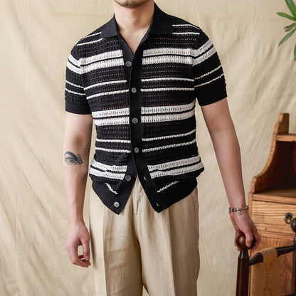 Men's Summer Stripes Lapel Cardigan POLO Short Sleeve