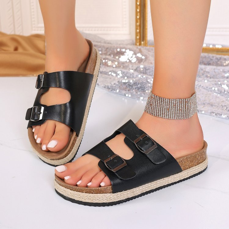 Summer New Thick Bottom Solid Color Round Toe Belt Buckle Women's Sandals-TripleMstore