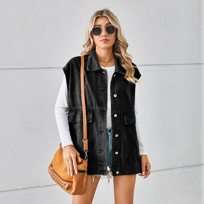 Denim Vest With Big Pockets Fashion Sleeveless Outwear Vest For Womens Clothing - TripleM Store