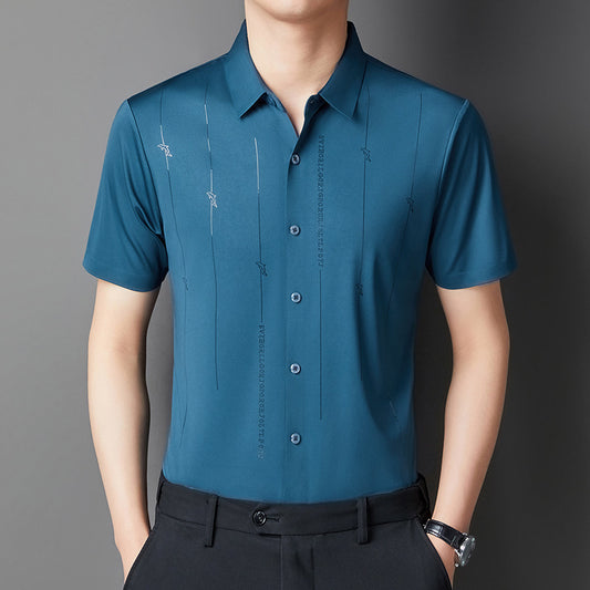 Men's Shirt Short Sleeve Light Business Fashion Printed Solid Color Fit Middle-aged Half Sleeve Shirt-TripleMstore