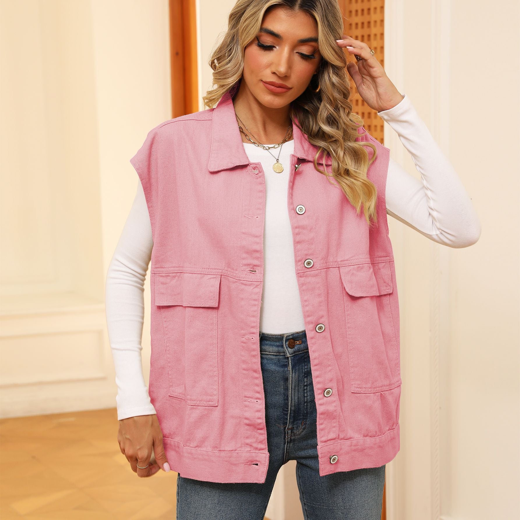 Denim Vest With Big Pockets Fashion Sleeveless Outwear Vest For Womens Clothing - TripleM Store