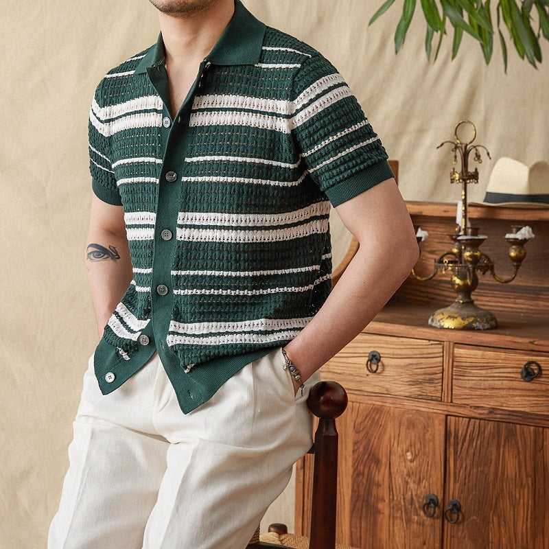 Men's Summer Stripes Lapel Cardigan POLO Short Sleeve